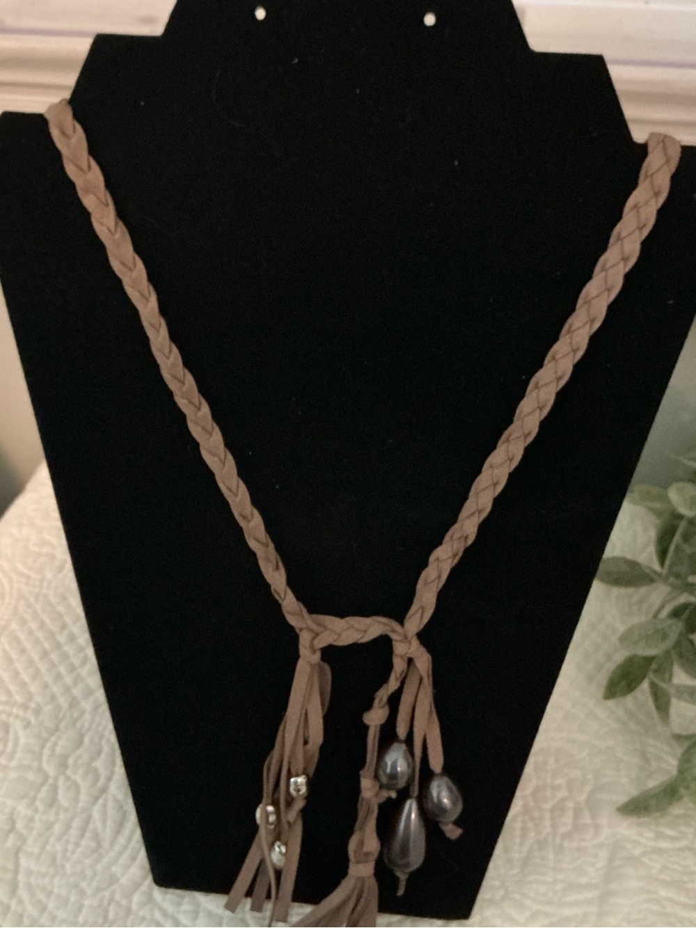 Soft Surroundings Braided Taupe Necklace with Bead Tassels